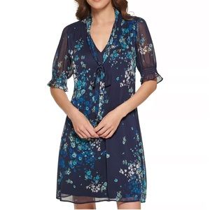 New DKNY Printed Tie-Neck Shift Dress
